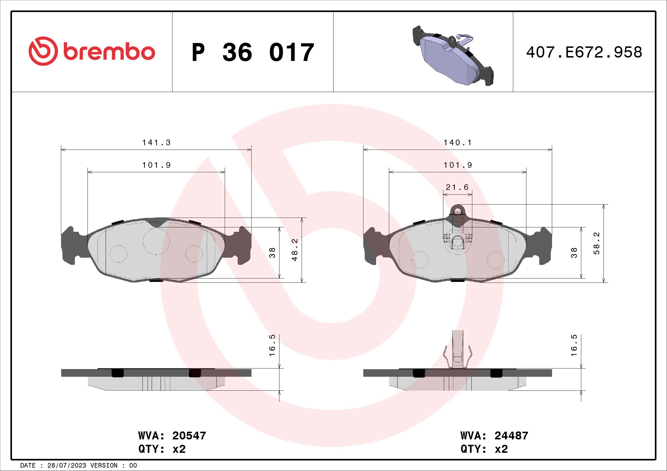 A.B.S. P 36 017 BREMBO Bremsbelagsatz, Scheibenbremse